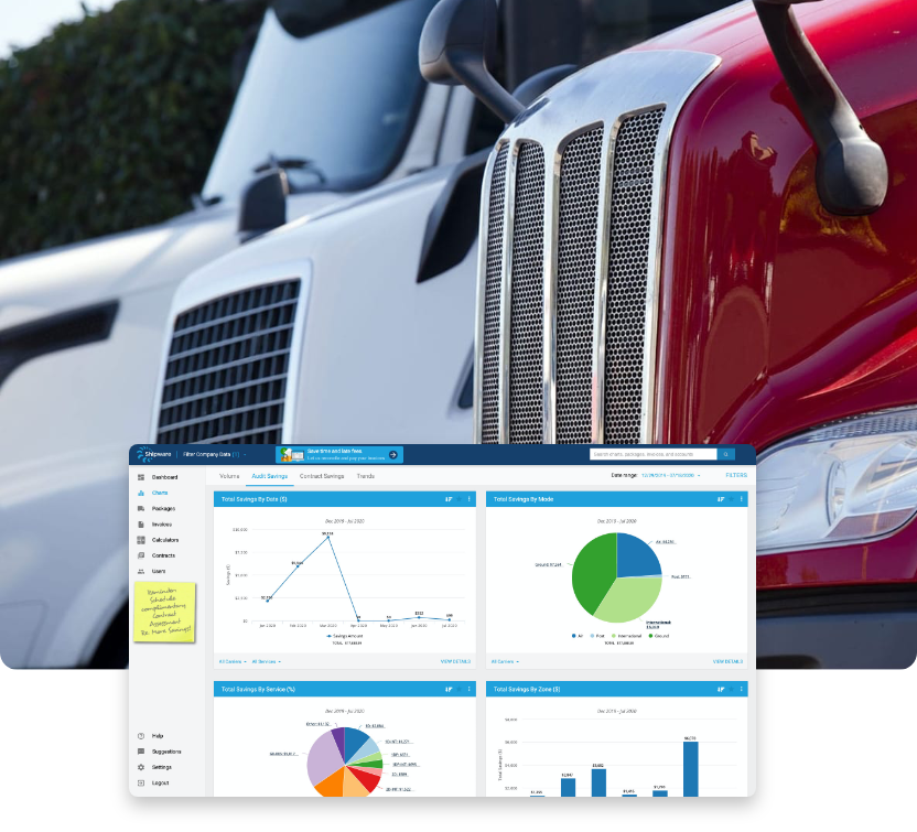 UPS freight trucks, and a Shipware UPS auditing software interface